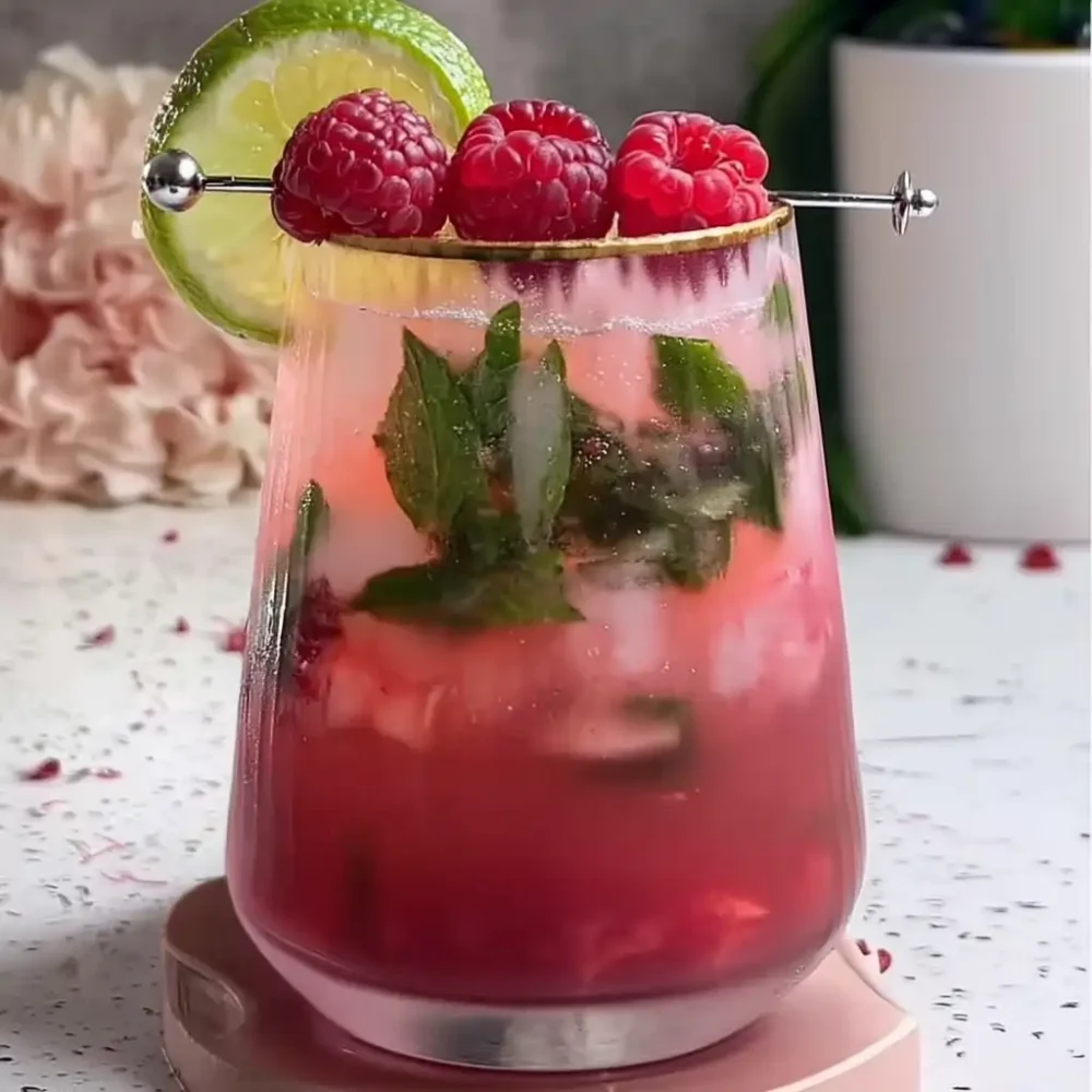 Finished Raspberry Lime Mojito Mocktail garnished with lime and raspberries