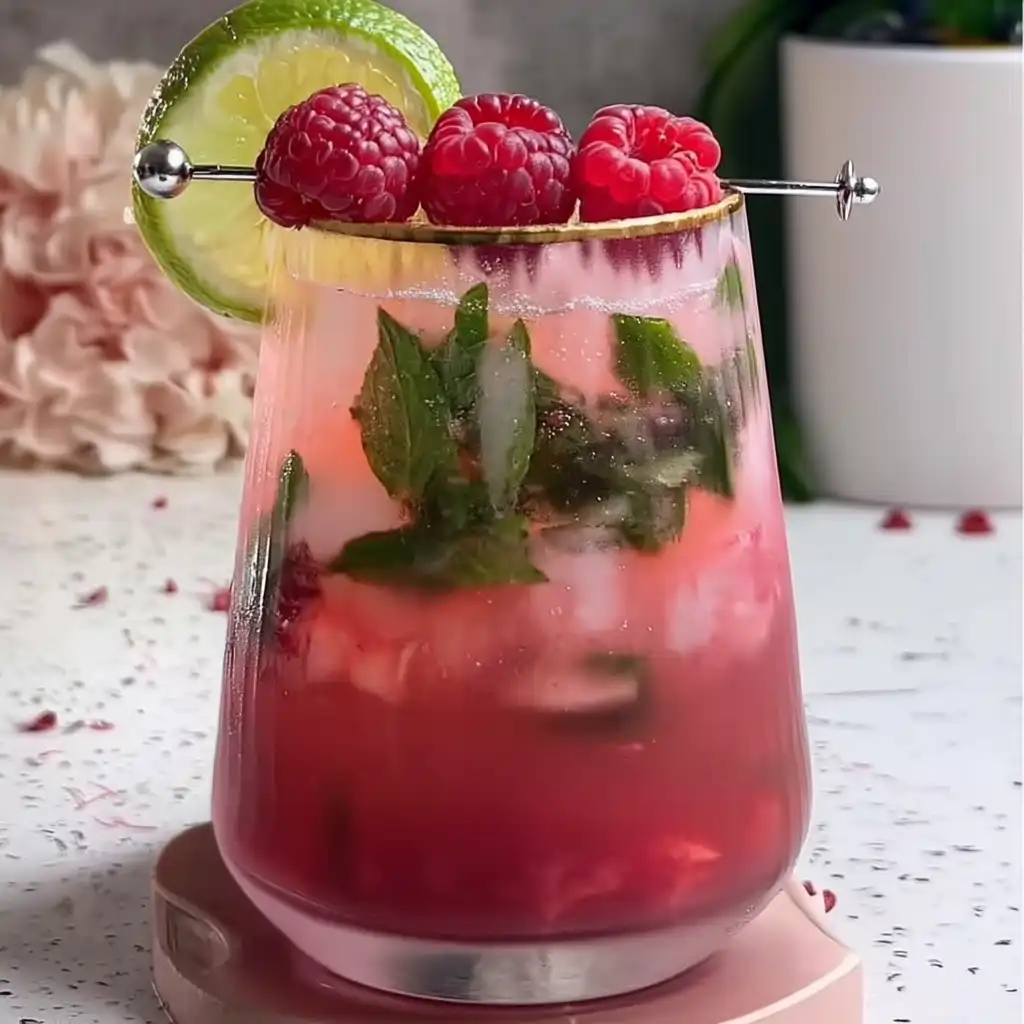 Refreshing Low 30 Calories - Raspberry Lime Mojito Mocktail (No Alcohol) Finished Raspberry Lime Mojito Mocktail garnished with lime and raspberries