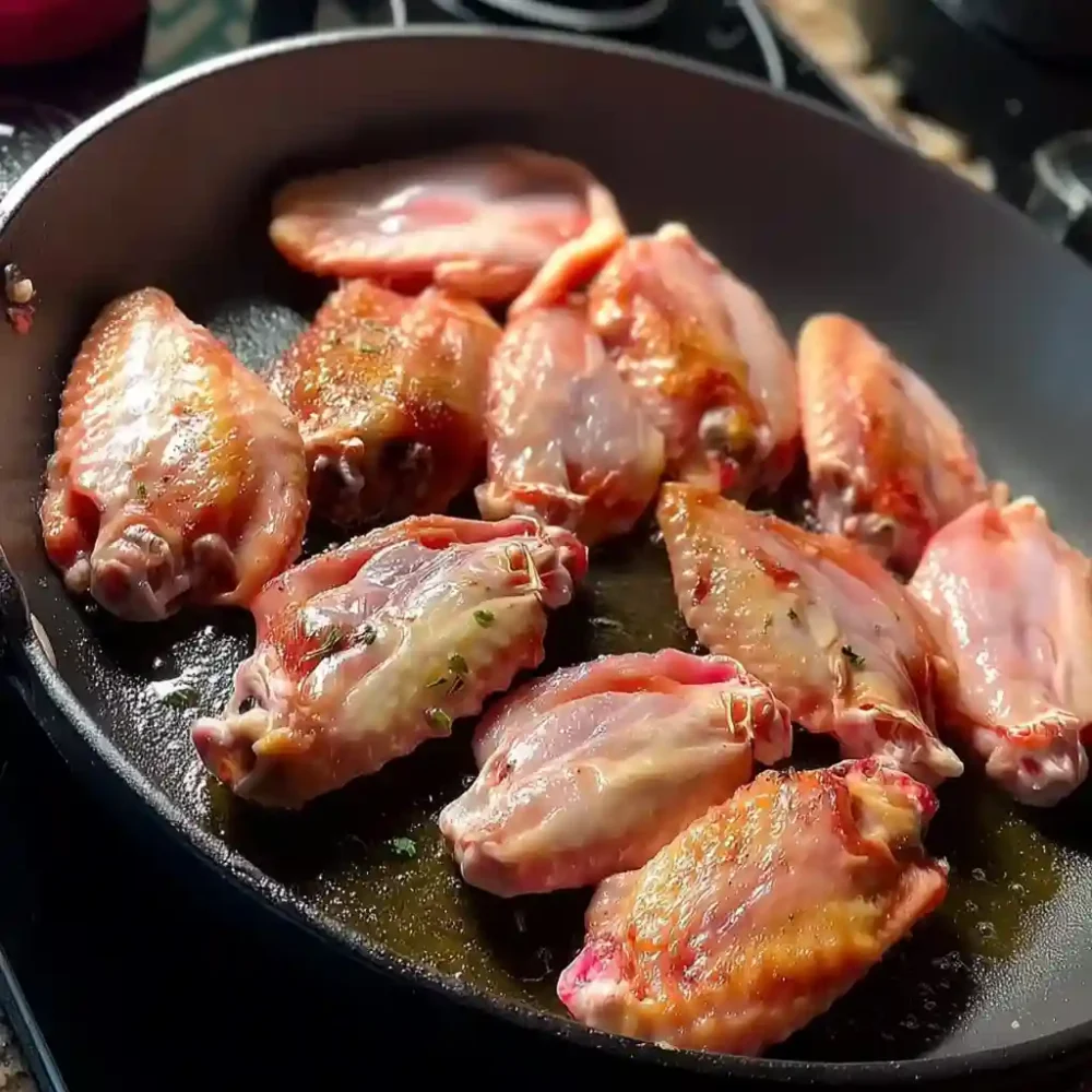 Chicken wings searing in a skillet