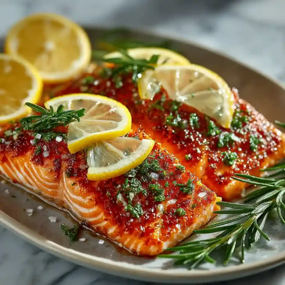 Smoked lake trout fillet on marble with lemon and rosemary