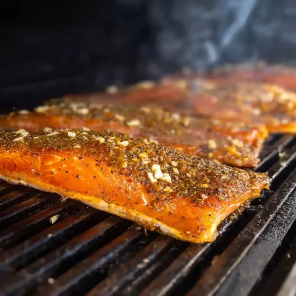 Smoked lake trout fillets on rack in smoker