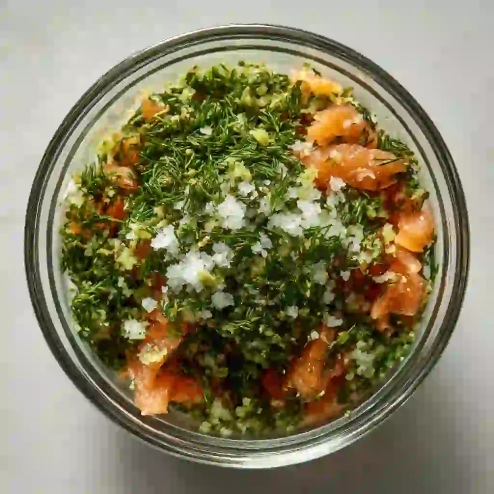 Smoked trout brine with dill, crushed garlic, and salt