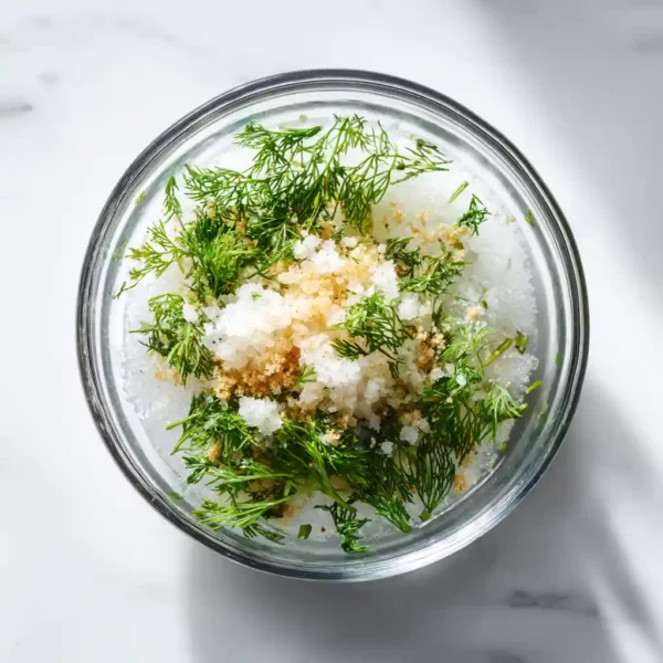 Smoked trout brine coming together with dill, garlic, and coarse salt