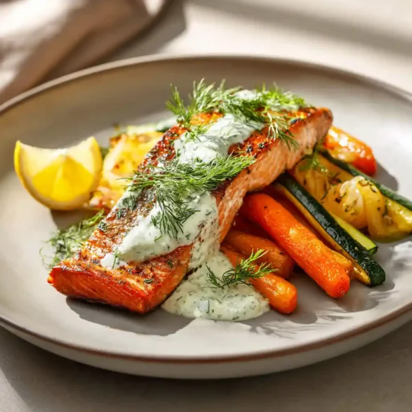 Smoked trout served with dill, lemon, and roasted vegetables