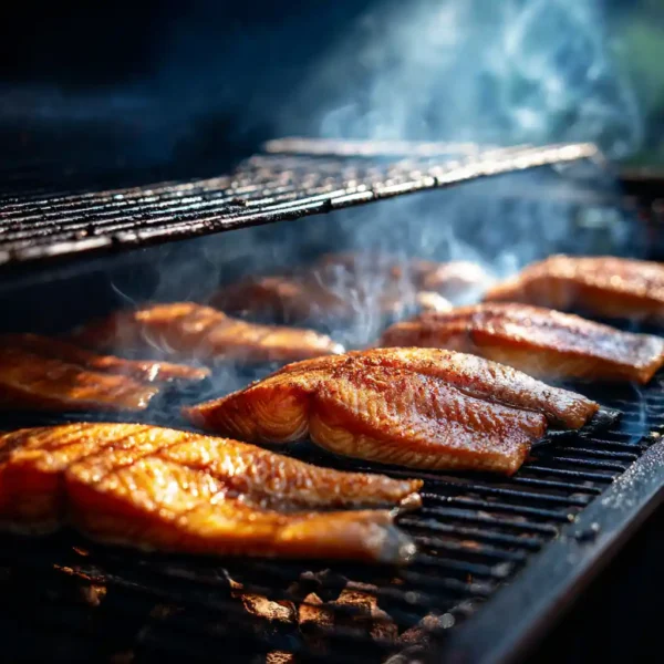 Brined trout fillets entering the smoker