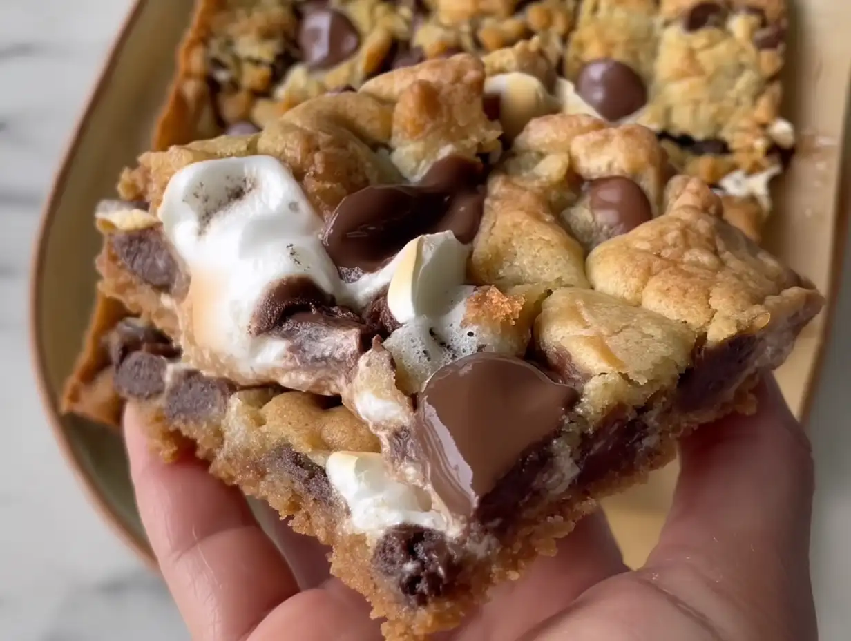 S’mores Cookie Bars with soft centers and crisp edges stacked on a tray