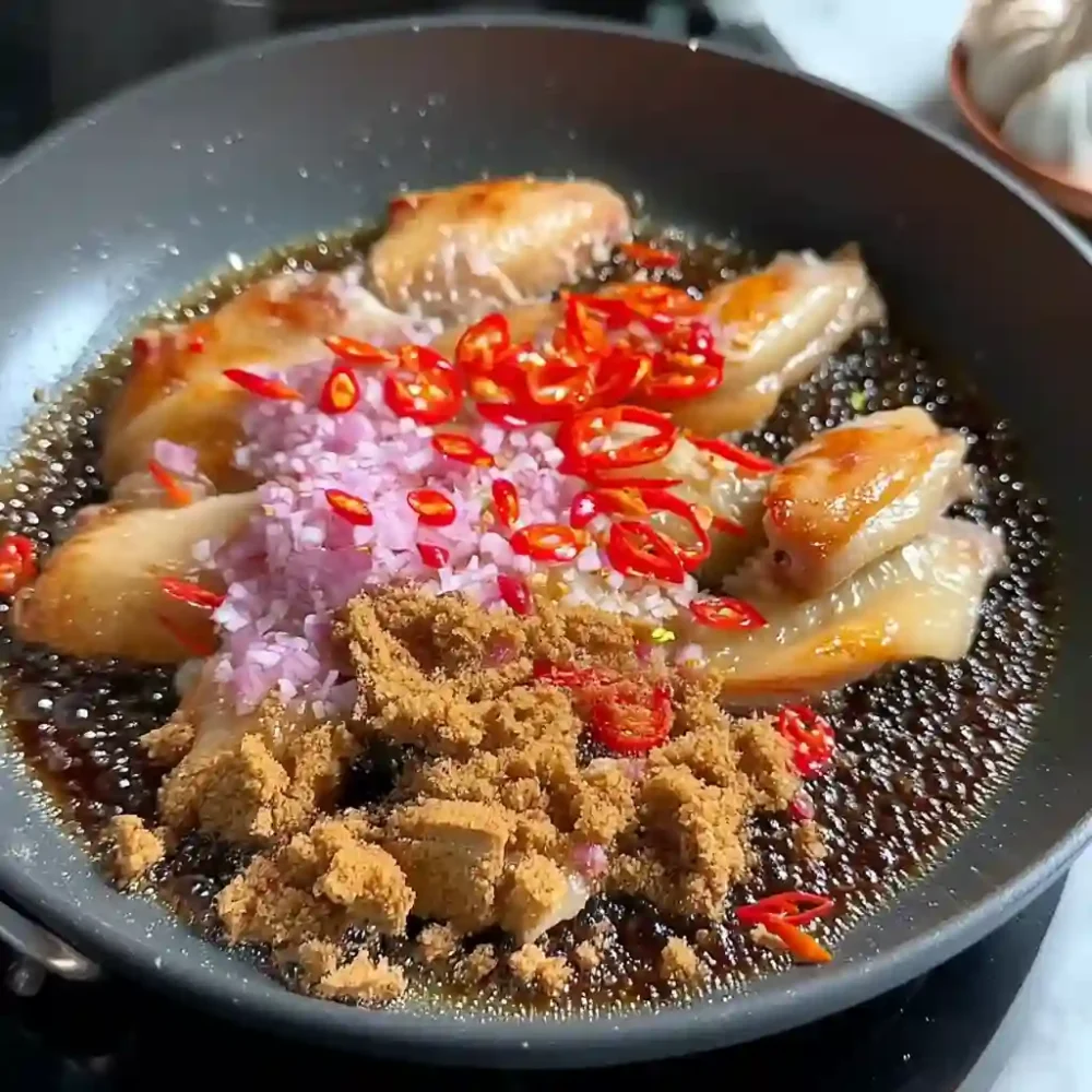 Sticky glaze simmering in a pan