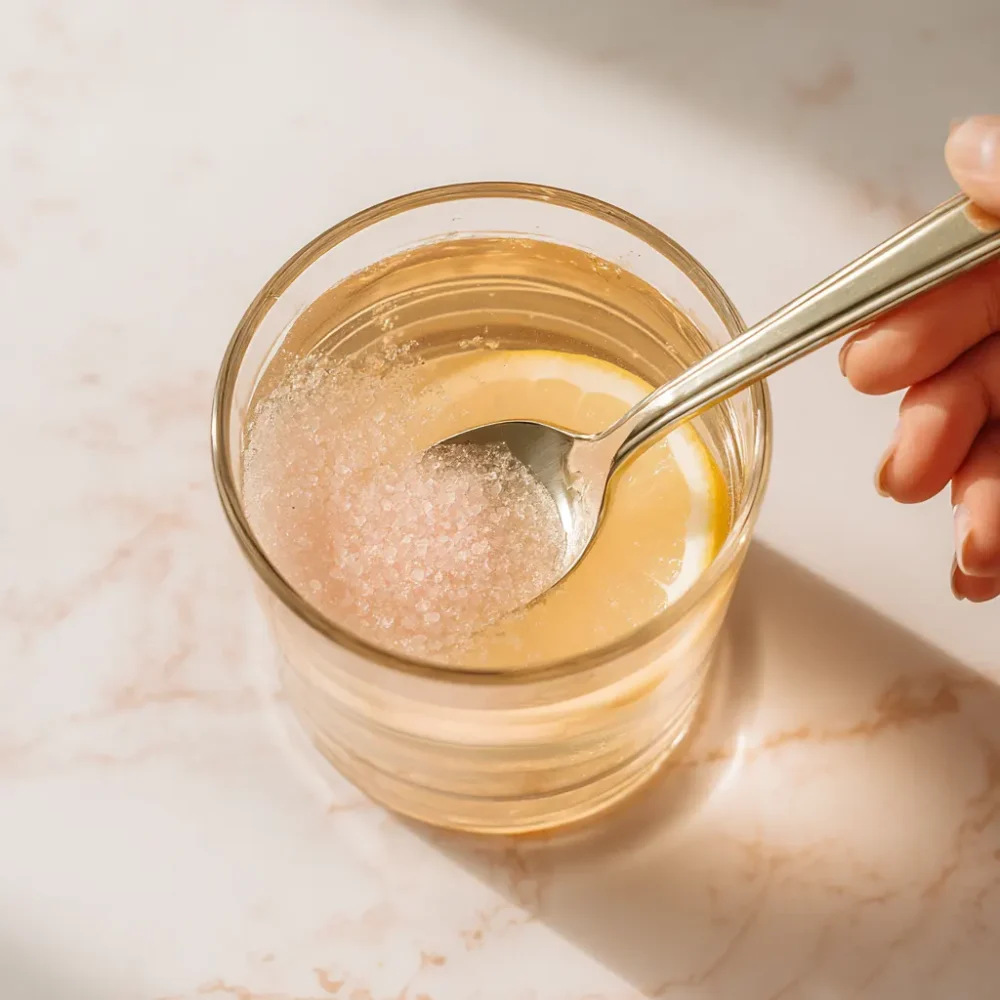 Himalayan Pink Salt Weight Loss Recipe: A Simple Daily Detox Hand stirring Himalayan pink salt weight loss drink in a clear glass with golden hue