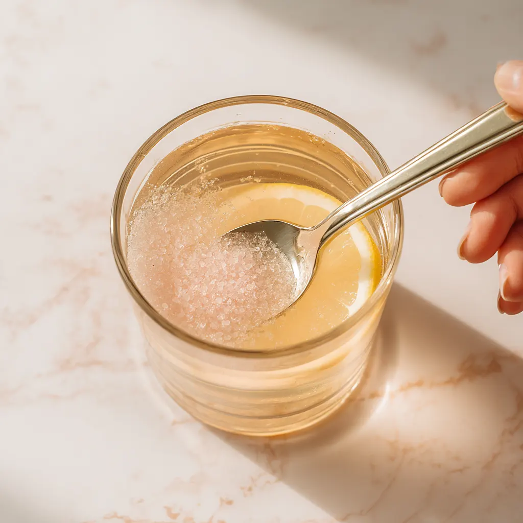 Himalayan Pink Salt Weight Loss Recipe: A Simple Daily Detox Hand stirring Himalayan pink salt weight loss drink in a clear glass with golden hue