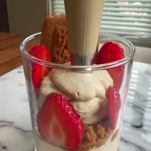 strawberry lotus dessert almost finished with final cream and fruit layer