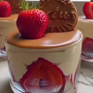 Strawberry Lotus Dessert: An Easy, Creamy & Fruity Delight strawberry lotus dessert with cream swirl and fresh strawberry
