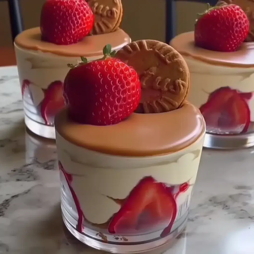 strawberry lotus dessert in glass with cream and strawberries