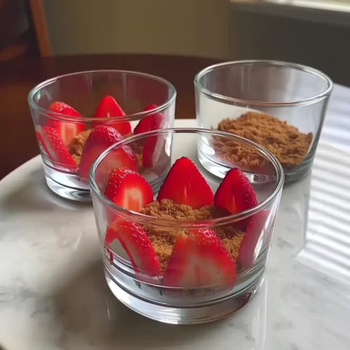 Strawberry Lotus Dessert: An Easy, Creamy & Fruity Delight layering strawberry lotus dessert with strawberries