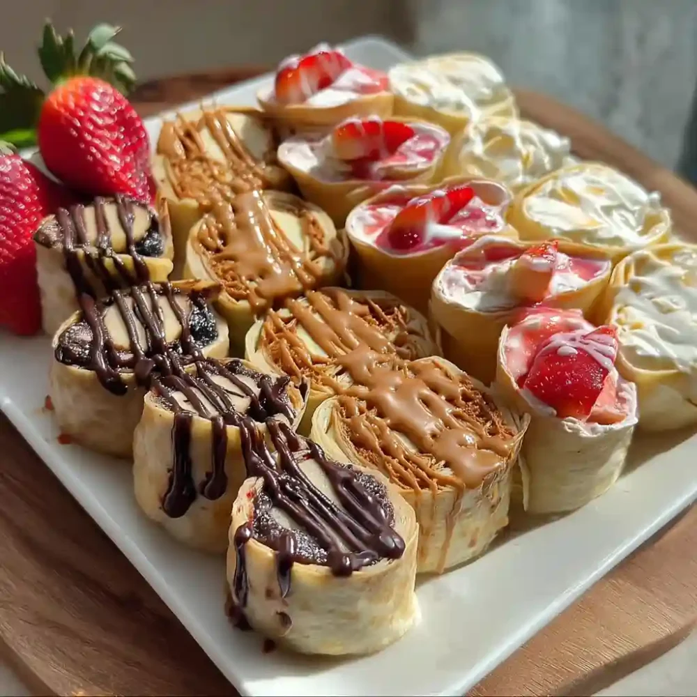 Sushi crepes filled with whipped cream, strawberries, and chocolate drizzle