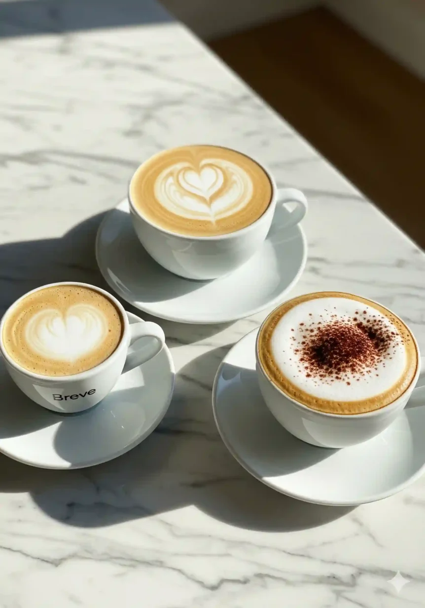 Breve Coffee Recipe: Creamy Espresso Delight Breve coffee, latte, and cappuccino on marble counter