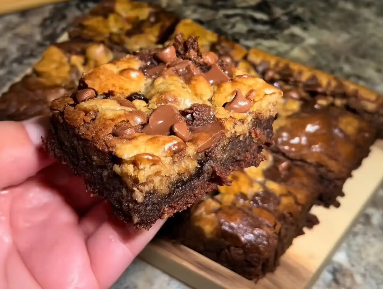 Fudgy and chewy Brookies bars sliced into squares