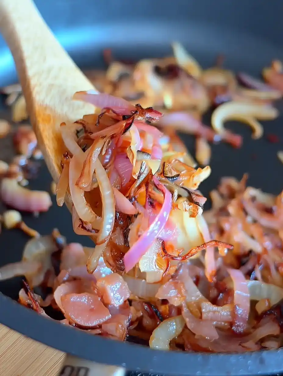 Copycat In-N-Out Burgers and Fries – The Ultimate Guide Caramelized onions being scooped from a skillet for Copycat In-N-Out Burgers and Fries
