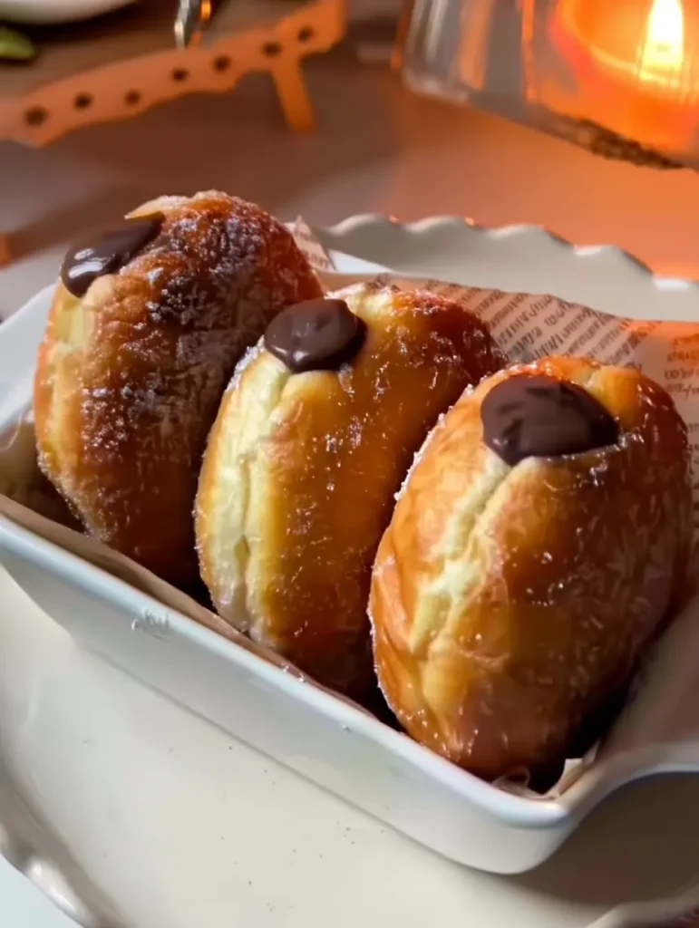 Chocolate Bomboloni – Italian Cream-Filled Delight Chocolate Bomboloni freshly fried and rolled in sugar on a marble counter