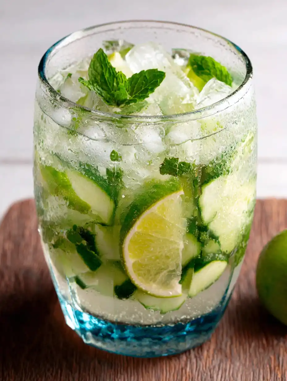 Cucumber Mint Water Recipe for a Refreshing Homemade Drink Glass of cucumber mint lemonade with lime and ice cubes