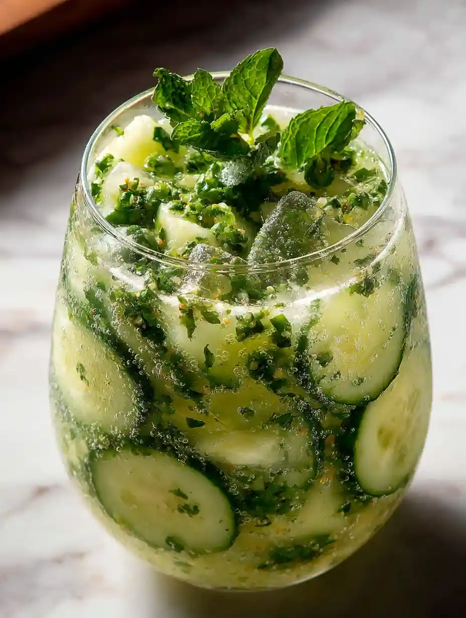 Cucumber Mint Water Recipe for a Refreshing Homemade Drink Cucumber mint water served chilled in a glass with ice cubes and fresh mint sprig