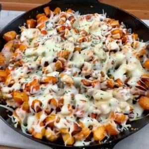 Garlic Parmesan Chicken and Potato Skillet – Easy One-Pan Dinner Garlic Parmesan Chicken & Potato Skillet topped with mozzarella and parsley