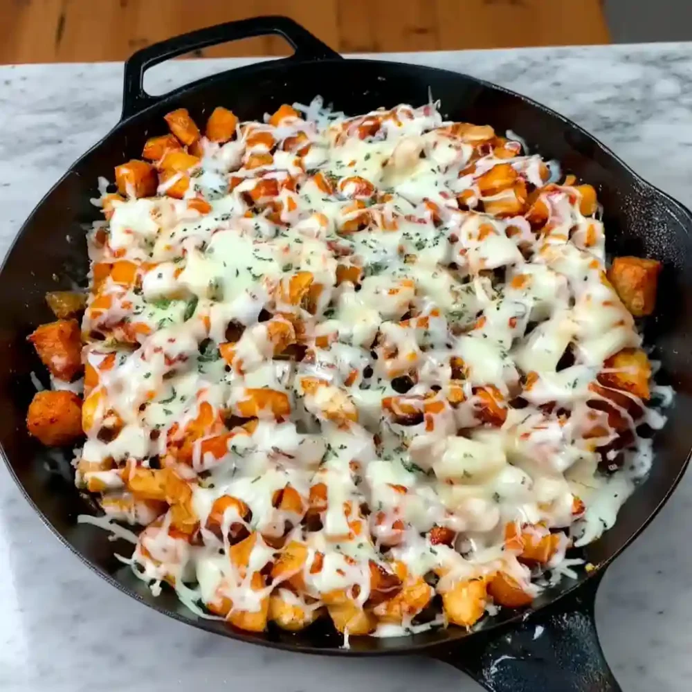 Garlic Parmesan Chicken and Potato Skillet in a cast iron skillet with golden potatoes and melted cheese