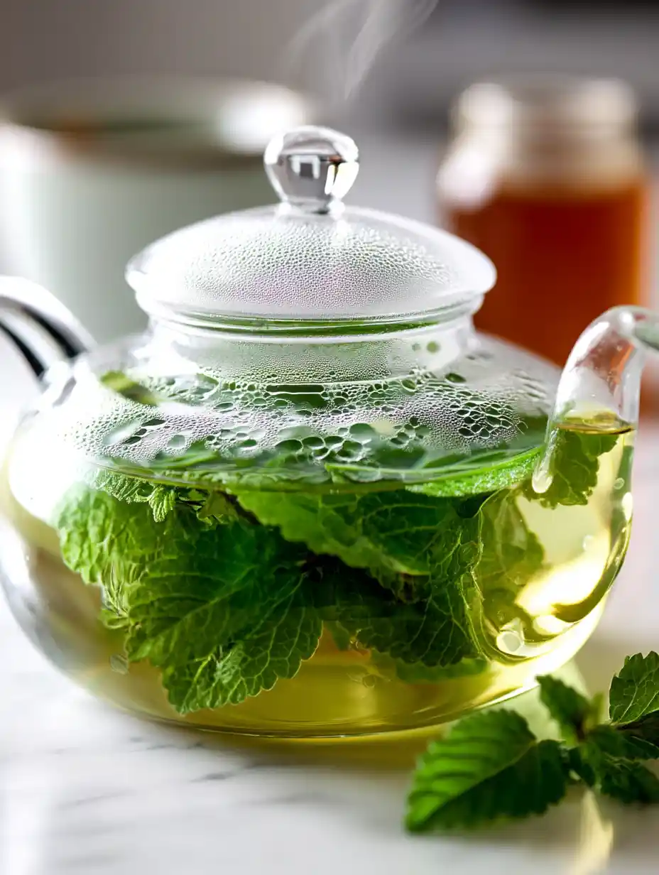 Healthy Lemon Balm Water Recipe for Hydration and Calm Lemon balm recipe tea brewing in a glass teapot with fresh green leaves and steam rising.