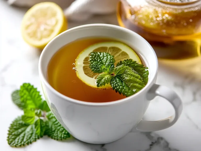 Healthy Lemon Balm Water Recipe for Hydration and Calm Lemon balm recipe tea in a white cup with lemon slice and fresh green leaves for relaxation