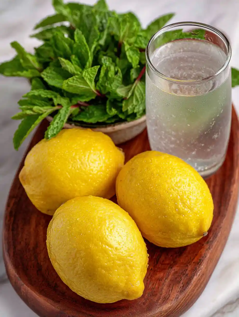 Natural Zepbound Recipe: Refreshing Detox Drink Fresh lemons, mint leaves, and sparkling water on a wooden board for Zepbound drink recipe
