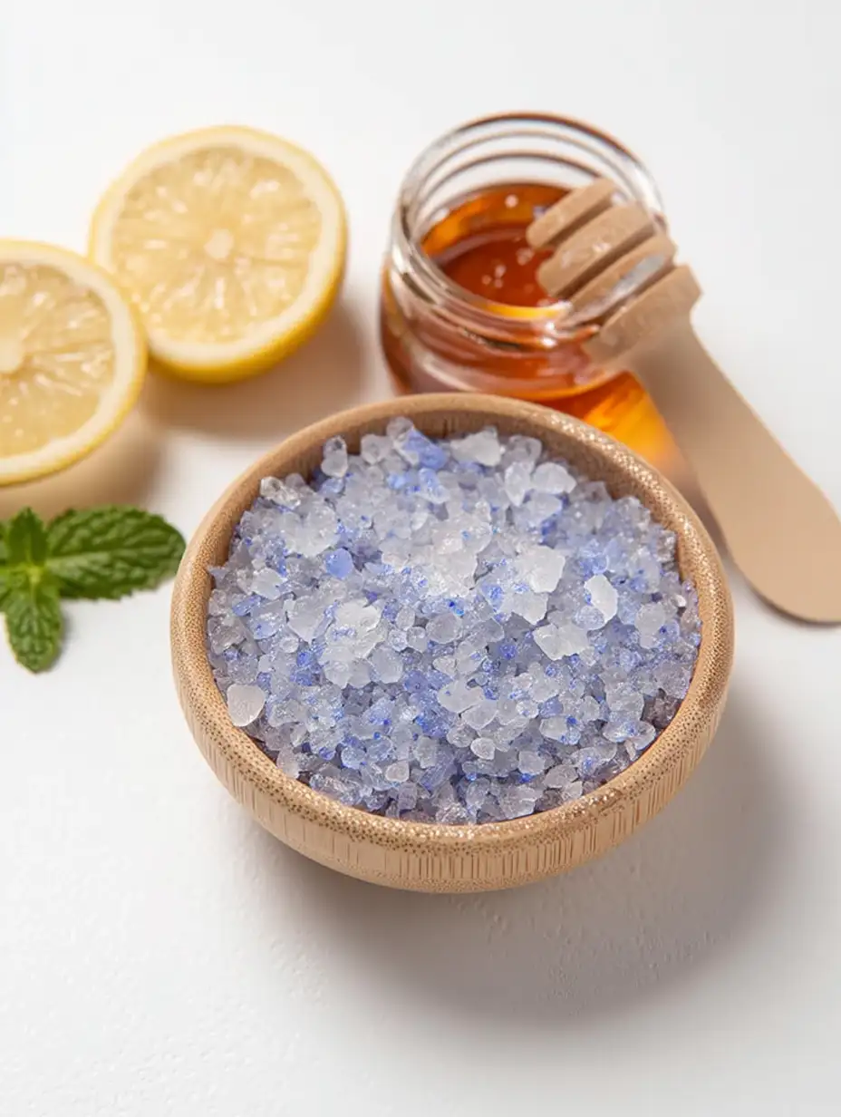 Blue Salt Trick Recipe – Natural Mineral Drink for Hydration & Energy Persian blue salt with lemon, honey, and mint leaves