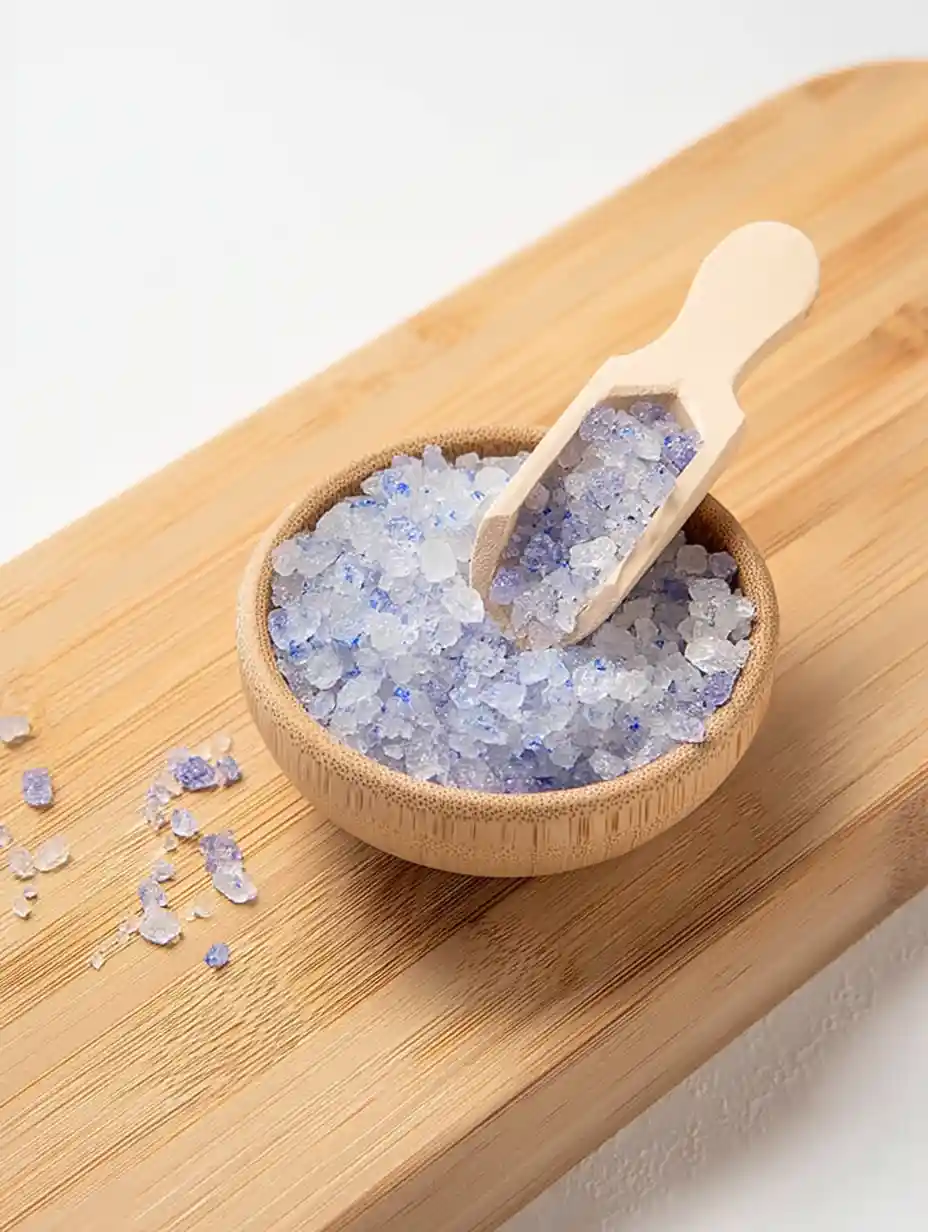 Blue Salt Trick Recipe – Natural Mineral Drink for Hydration & Energy Persian blue salt crystals in a wooden bowl with scoop