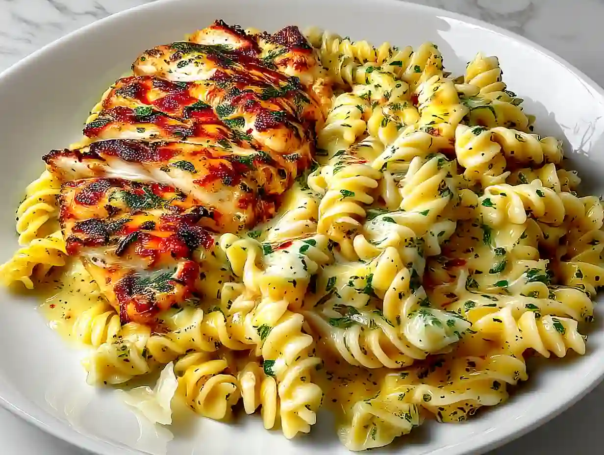 Garlic Parmesan Chicken Pasta | One-Pan Creamy Dinner Recipe garlic parmesan chicken pasta plated with juicy chicken and creamy pasta