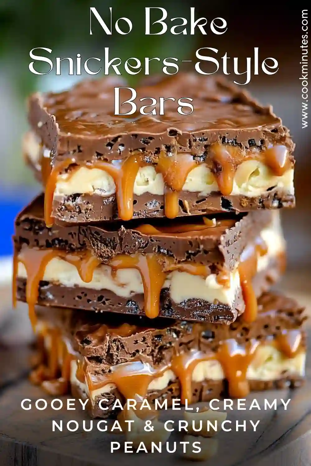 Homemade No Bake Snickers Bars (Copycat Recipe) Homemade no bake Snickers-style bars stacked with glossy chocolate, gooey caramel, creamy nougat, and roasted peanuts