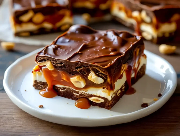 Homemade No Bake Snickers Bars (Copycat Recipe) Gooey no bake Snickers-style bars stacked with layers of chocolate, caramel, nougat, and peanuts