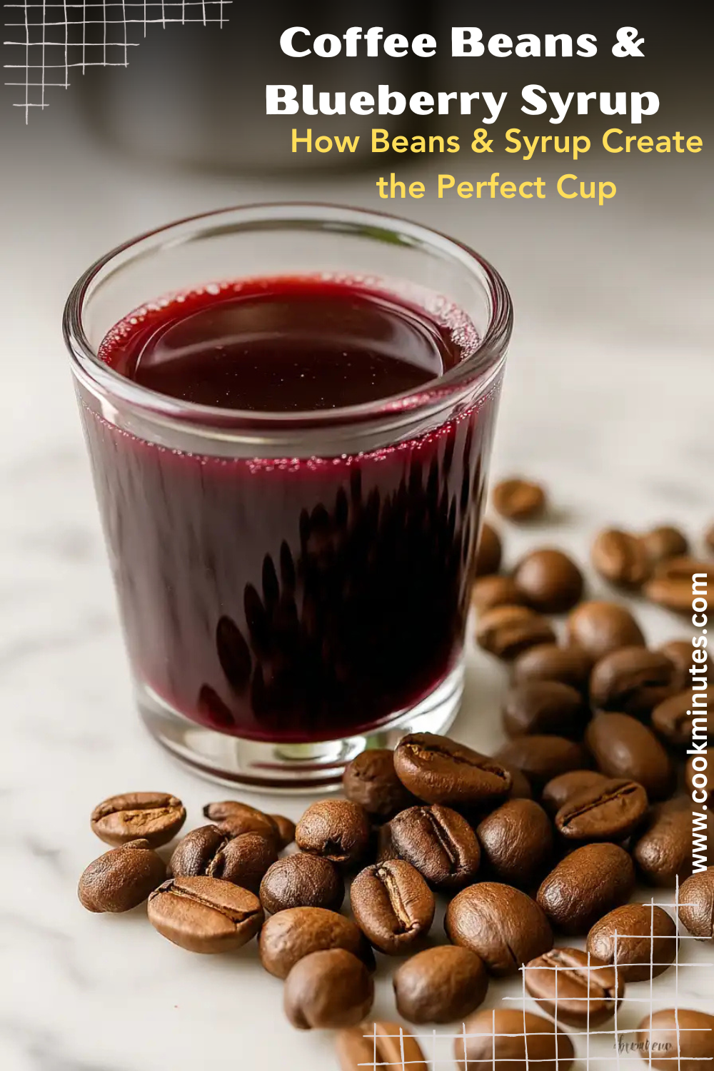 Blueberry Cobbler Coffee Recipe: Hot, Iced & Cold Brew Roasted coffee beans and a small glass of blueberry cobbler syrup on marble, styled with stainless steel utensils in natural daylight.