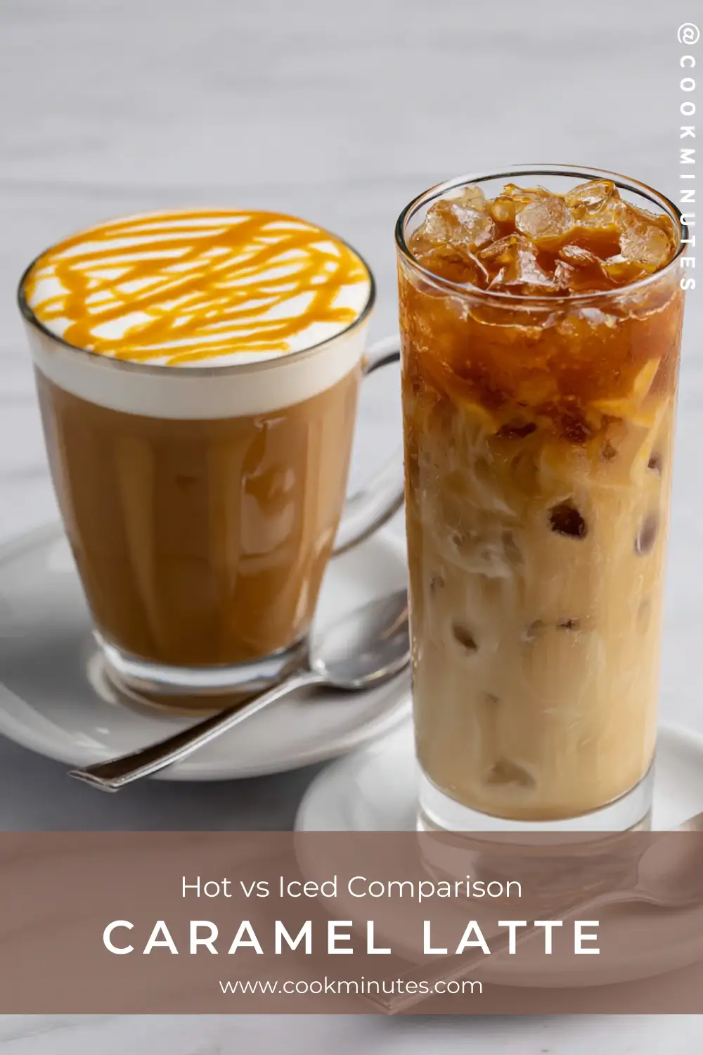 Caramel Latte Recipe – Hot & Iced Homemade Coffee Drink Hot Caramel Latte with foam and caramel drizzle beside an Iced Caramel Latte with ice cubes and milk swirls