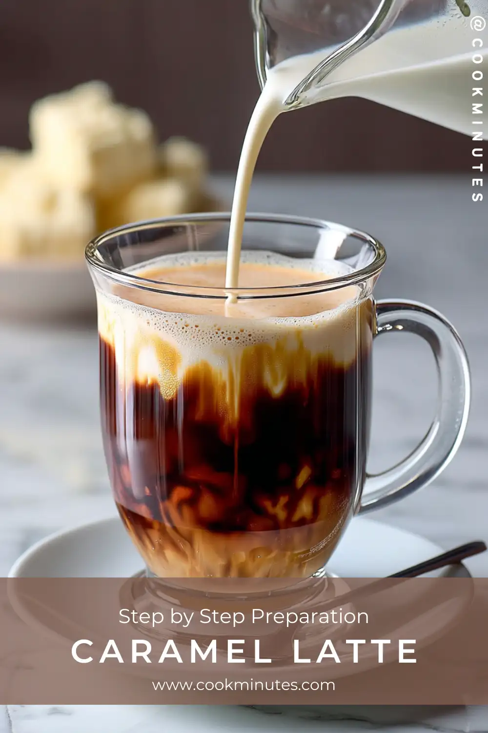 Caramel Latte Recipe – Hot & Iced Homemade Coffee Drink Steamed milk being poured into espresso in a glass mug to make a hot Caramel Latte
