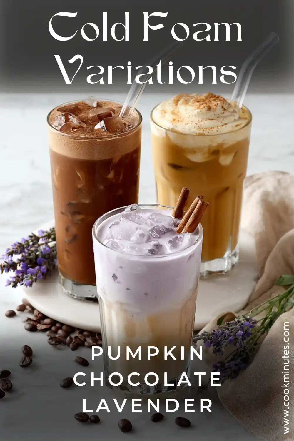 Cold Foam Recipe for Coffee Lovers at Home Three iced coffee cold foam variations: pumpkin, chocolate, and lavender, served side by side on marble.