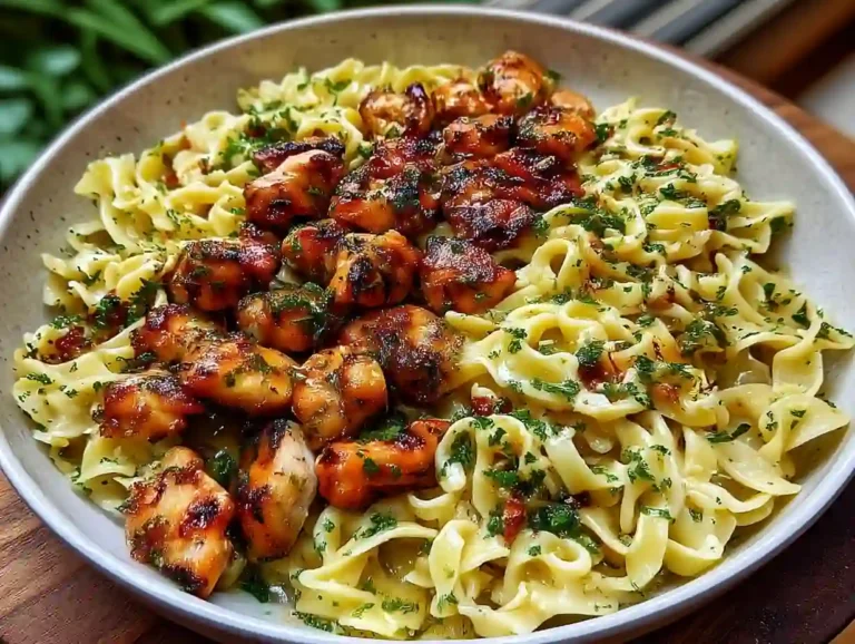 Garlic Butter Chicken Bites with Creamy Noodles garlic butter chicken bites with creamy noodles served in a bowl, topped with parsley