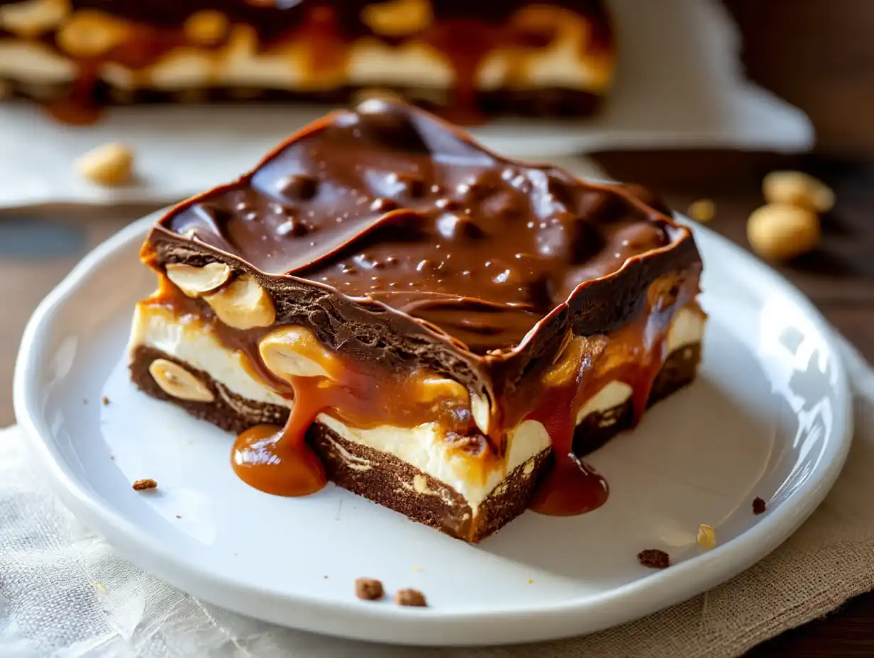 Homemade no bake Snickers copycat bars stacked with chocolate, nougat, caramel, and peanuts