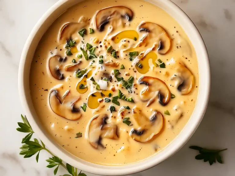 Homemade Mushroom Soup – Creamy, Cozy & Delicious mushroom soup in a ceramic bowl, creamy texture with sliced mushrooms and herbs