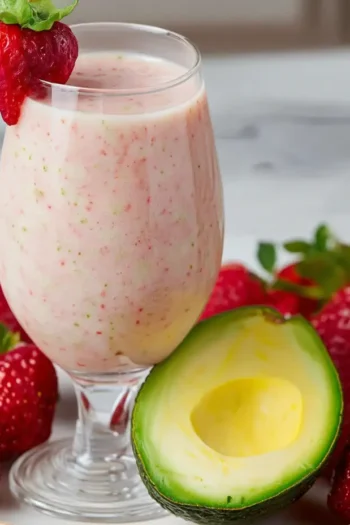 Strawberry Avocado Smoothie: Creamy & Nutritious in 5 Minutes Strawberry avocado smoothie in a glass with strawberries and avocado on a plate