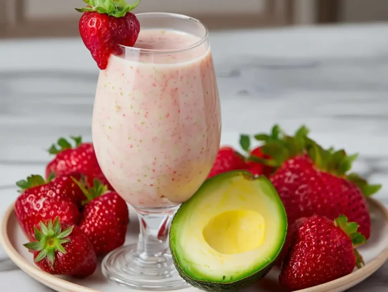 Strawberry Avocado Smoothie: Creamy & Nutritious in 5 Minutes Strawberry avocado smoothie in a glass with strawberries and avocado on a plate