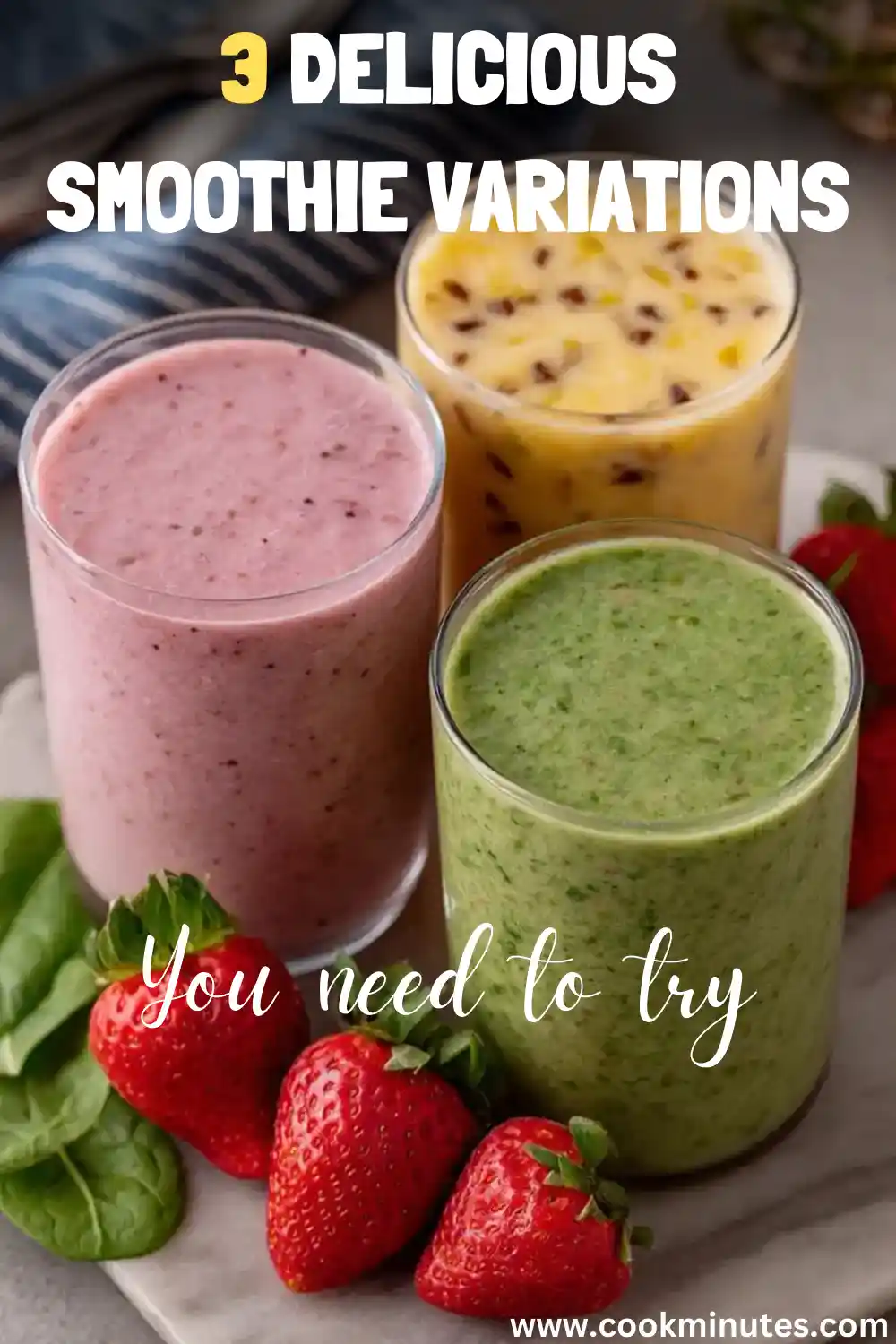 Strawberry Avocado Smoothie: Creamy & Nutritious in 5 Minutes Three strawberry avocado smoothie variations in glasses: pink classic, tropical yellow with pineapple and mango, and green with spinach