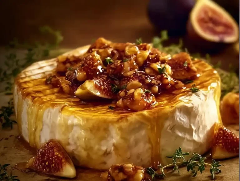 Baked Brie topped with honey and figs served on a wooden board