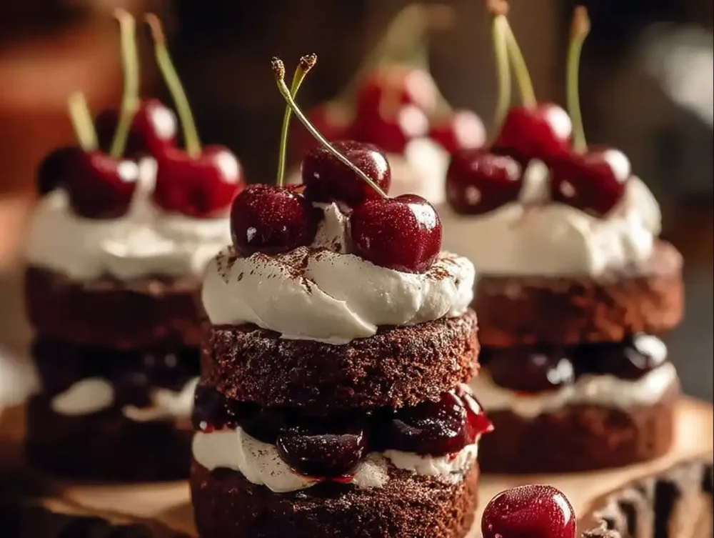 Black Forest mini cakes topped with cherries and whipped cream on a plate