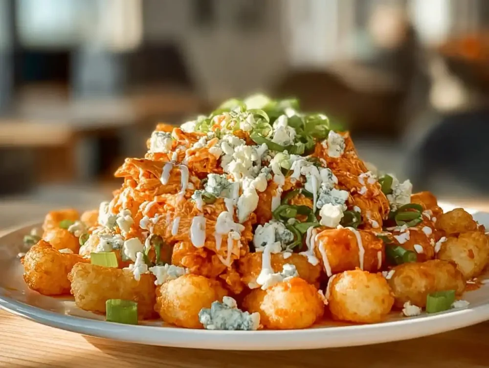 Buffalo Chicken Totchos – The Ultimate Game Day Appetizer Delicious Buffalo Chicken Totchos topped with cheese and spicy sauce