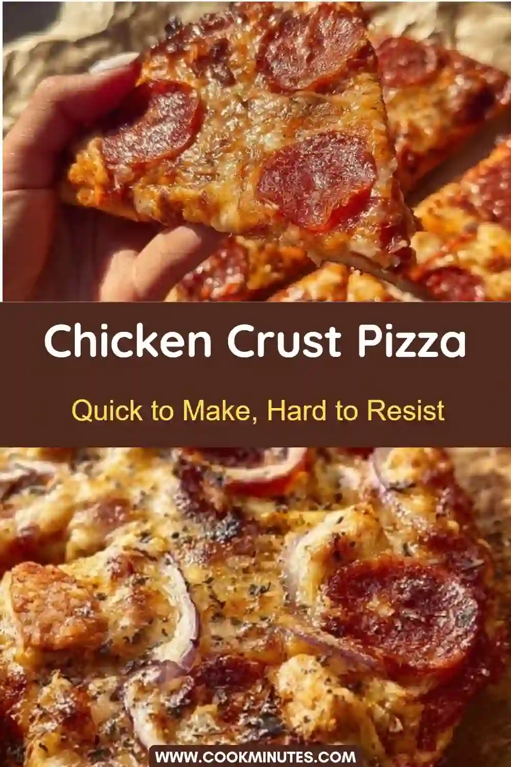 Chicken Crust Pizza – Low-Carb, High-Protein and So Delicious Whole Chicken Crust Pizza with melted cheese, pepperoni, and onion on crispy golden base