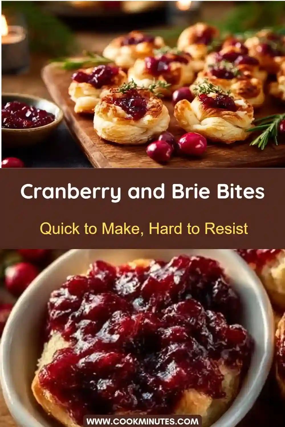 Cranberry and Brie Bites – Easy Holiday Appetizer Recipe Cranberry and brie bites with golden puff pastry, topped with herbs and red jam.