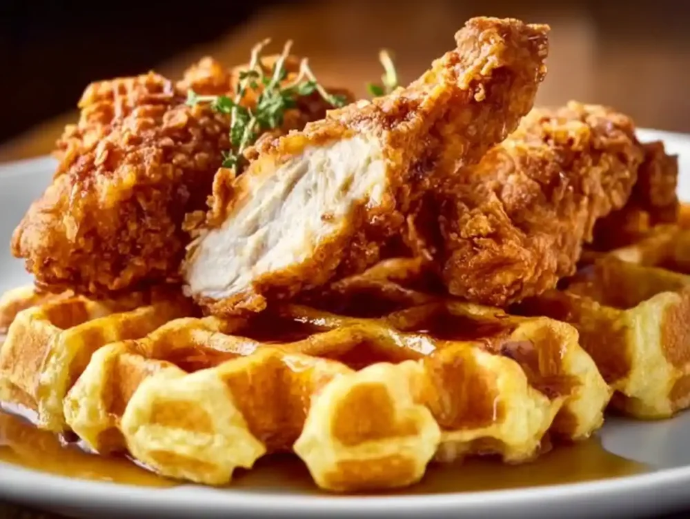 Crispy Chicken Waffle Recipe That’s Sweet, Savory & Irresistible Plate of crispy chicken waffle sticks served with syrup